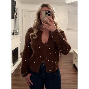 Pol Stunning Embellished Brown Ribbed Knit Sweater Top Small NWOT